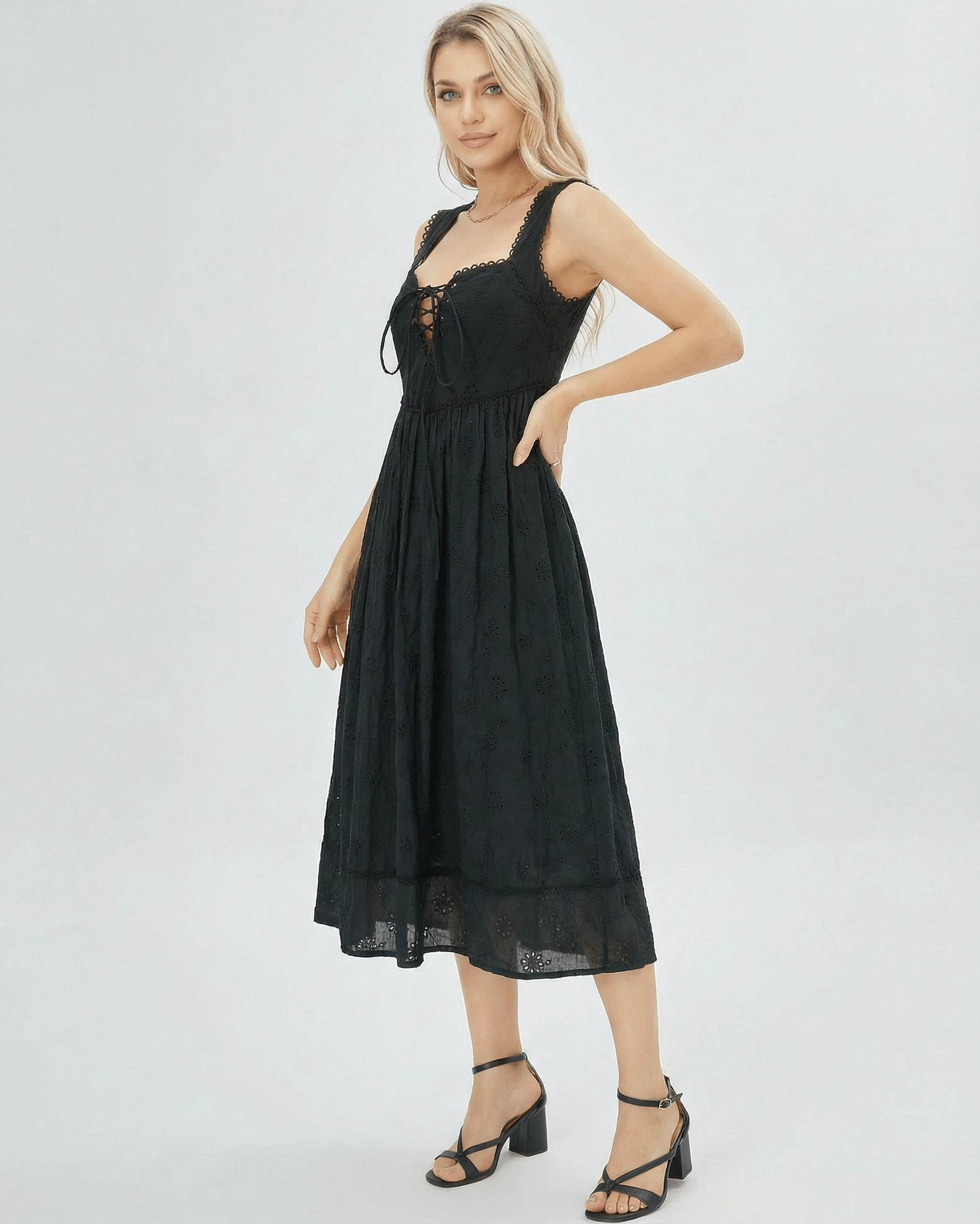 Selene Midi Dress by Lauven, featuring a lace-trim square neck, empire waist, and elegant black design.