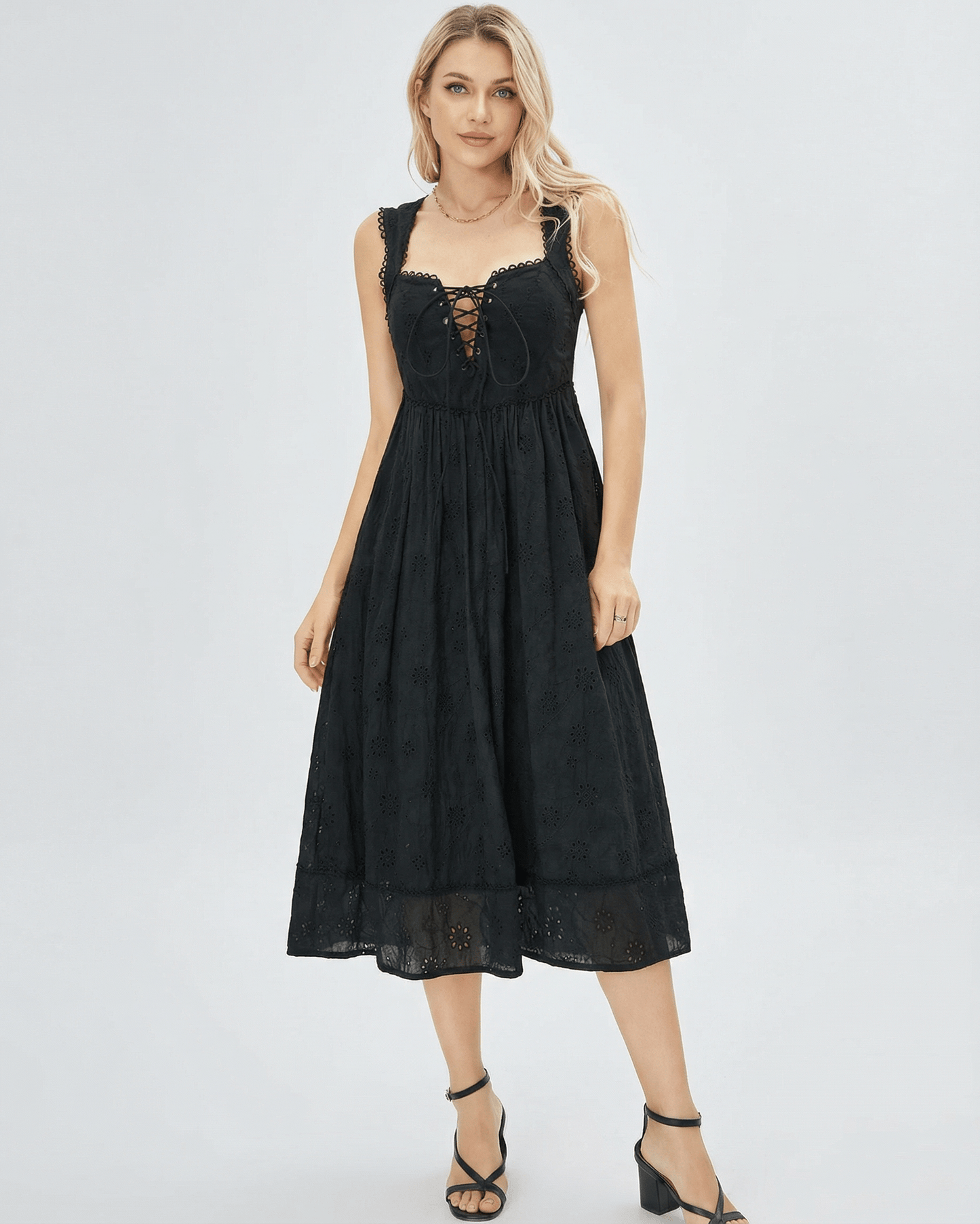Selene Midi Dress by Lauven, black lace-trim square neck midi dress with empire waist and flattering silhouette.