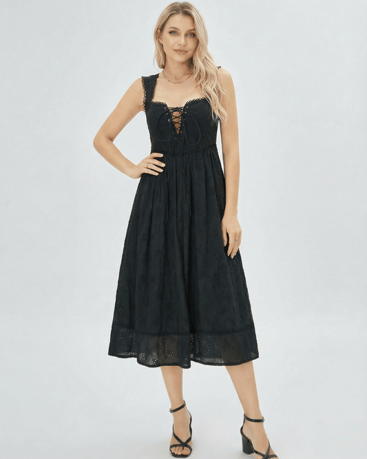 Selene Midi Dress by Lauven — Lace-Trimmed Square Neck Black Dress with Empire Waist for modern elegance.