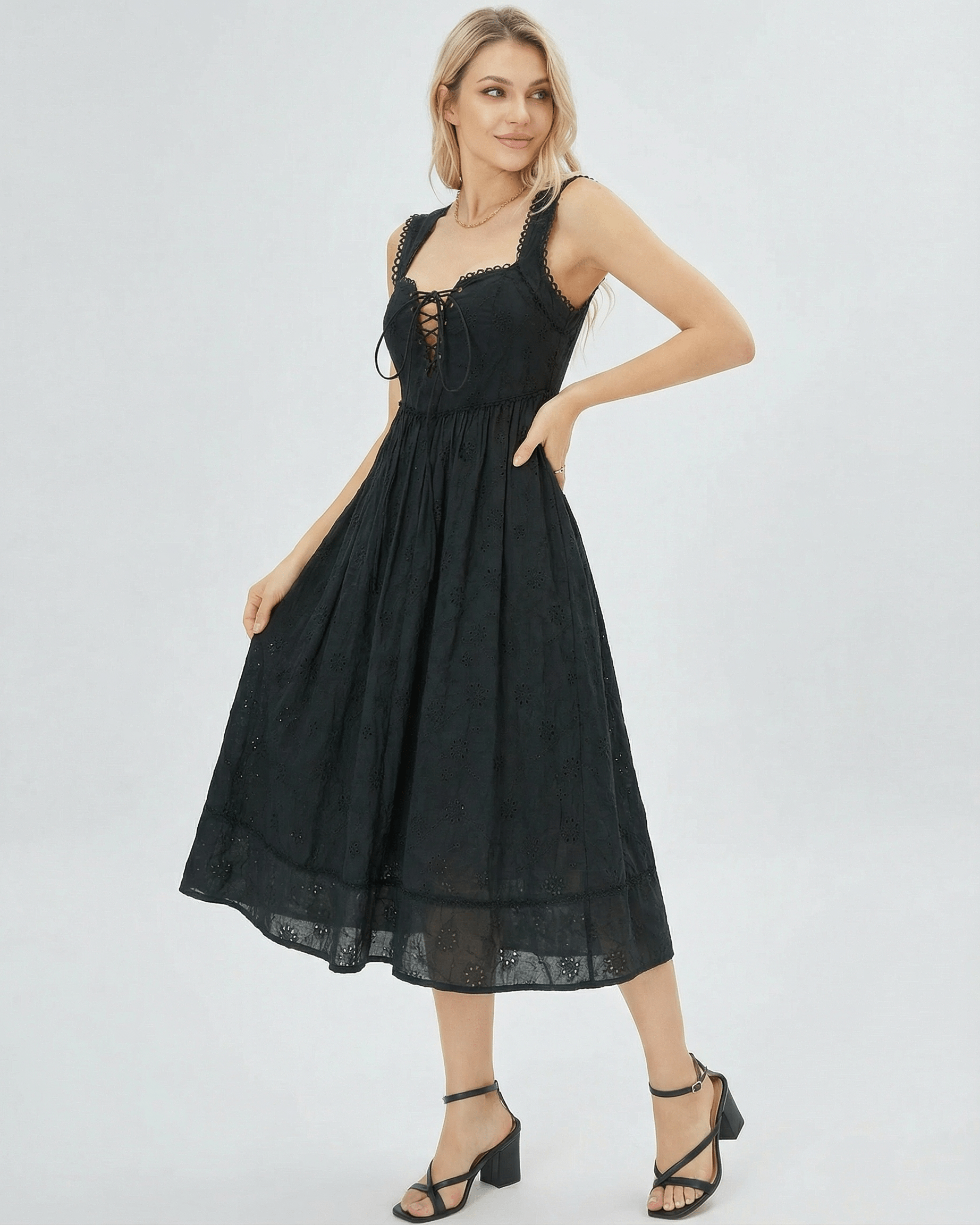 Selene Midi Dress by Lauven, featuring lace-trim square neck and empire waist in a flattering black silhouette.