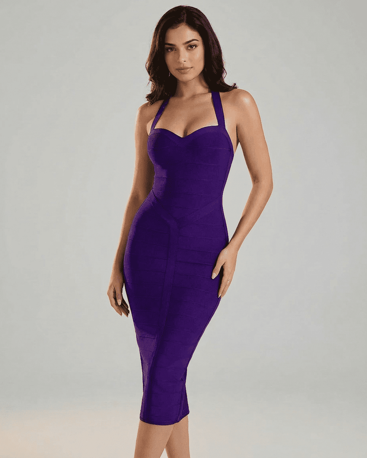Selene Midi Dress by Lauven in purple, showcasing a sculpting halter bodycon style for elegant occasions.