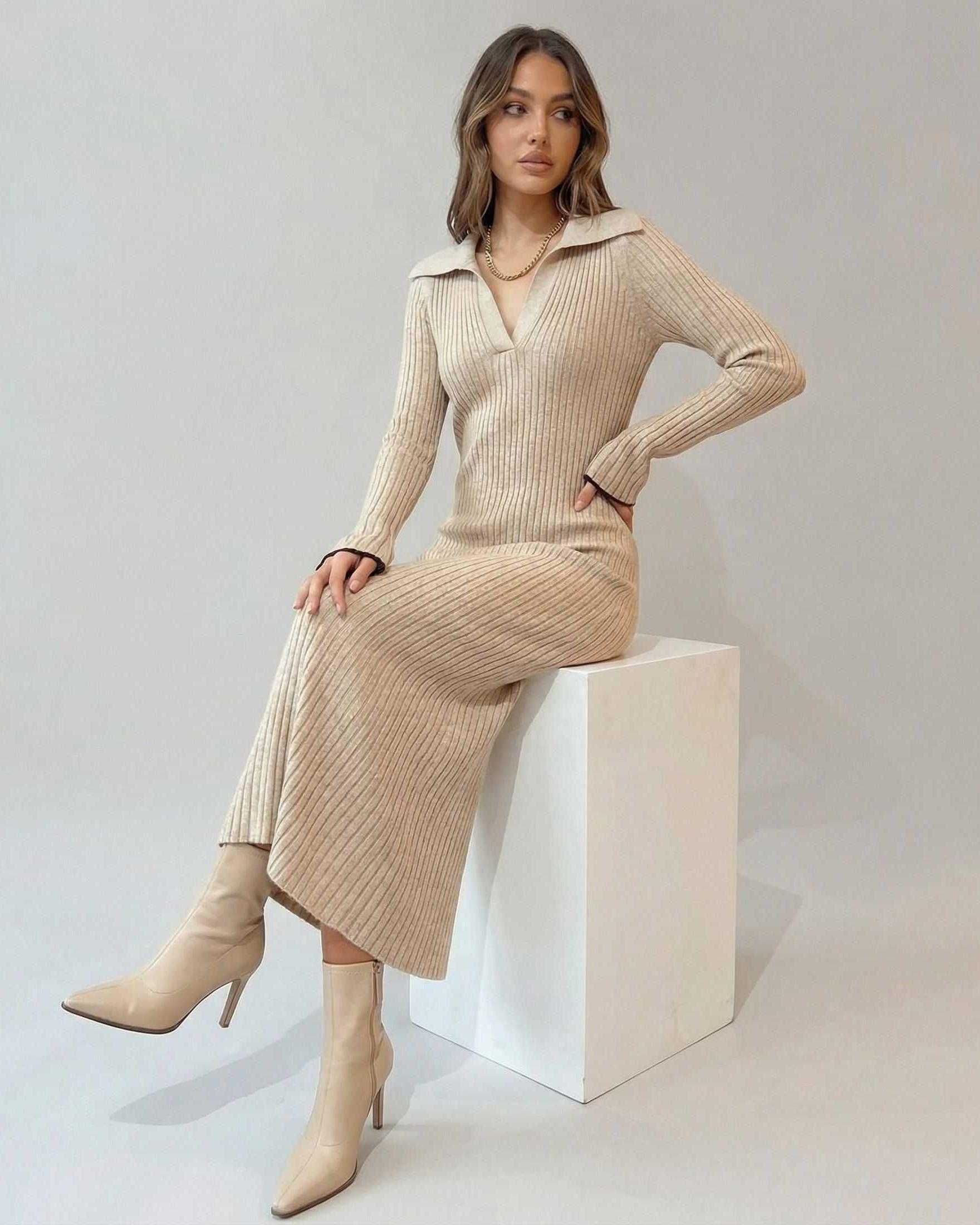 Selene Midi Dress by Lauven in ribbed knit with V-neck and A-line silhouette, showcasing modern elegance and comfort.