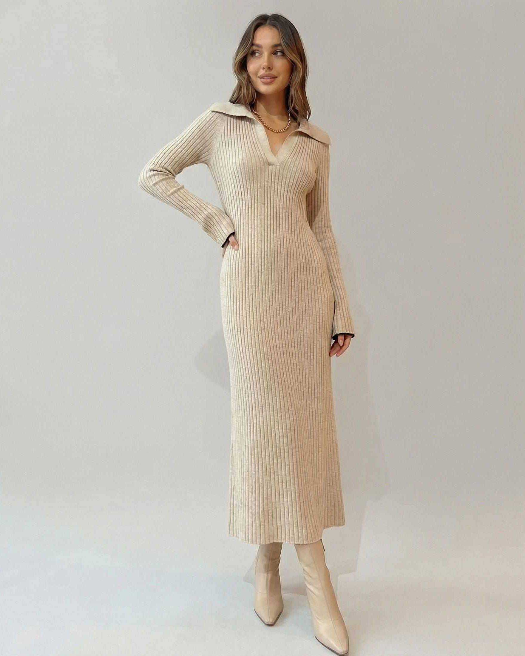 Selene Midi Dress by Lauven featuring a ribbed knit V-neck A-line silhouette in a soft beige color.