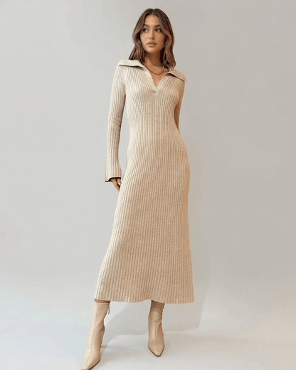 Selene Midi Dress by Lauven, ribbed knit V-neck A-line silhouette showcasing modern elegance and sophistication.