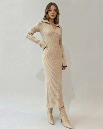 Selene Midi Dress by Lauven featuring a ribbed knit V-neck A-line silhouette, perfect for modern elegance.