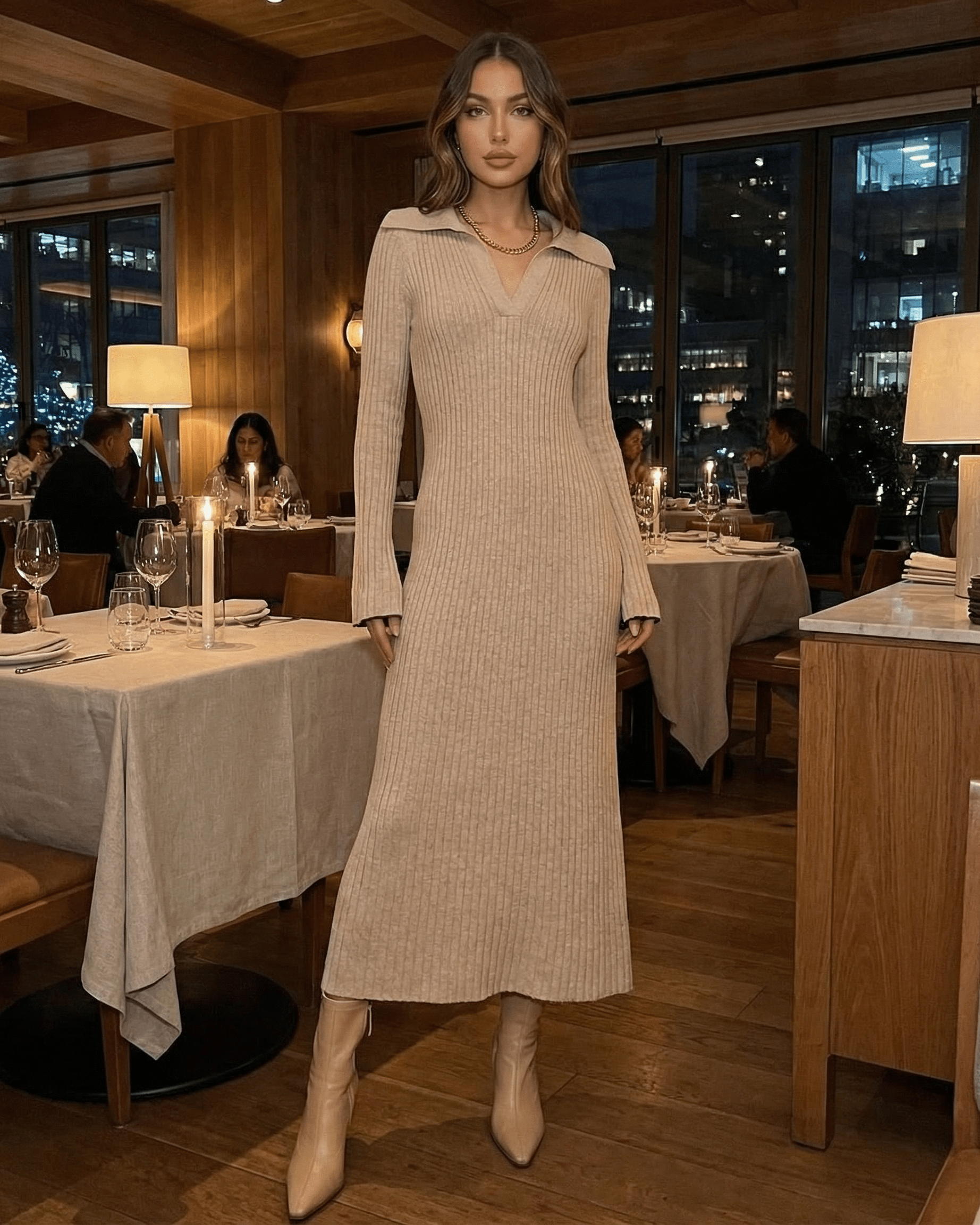 Elegant woman in Selene Midi Dress at a restaurant, showcasing ribbed knit V-neck A-line silhouette by Lauven.