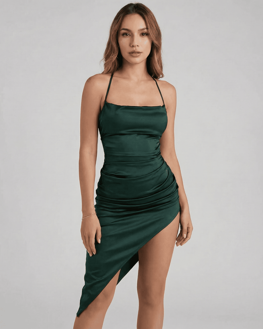 Selene Midi Dress by Lauven, featuring a sleek satin silhouette and elegant pleating, perfect for sophisticated occasions.