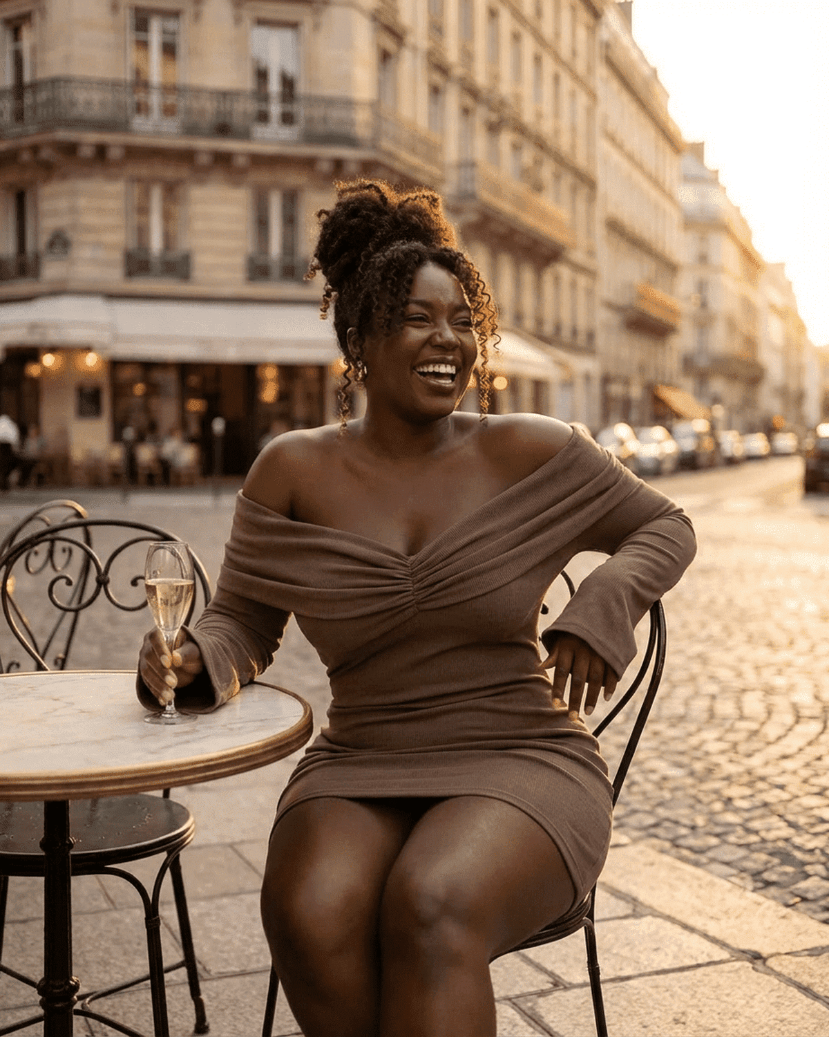 Selene Mini Brown - Off Shoulder V Neck Knit Waist Slim A Line Mini Dress by Lauven worn by a woman enjoying a drink.