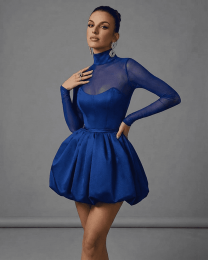 Selene Mini Blue by Lauven – Elegant blue mesh bubble hem mini dress with a high-waisted bodycon fit.