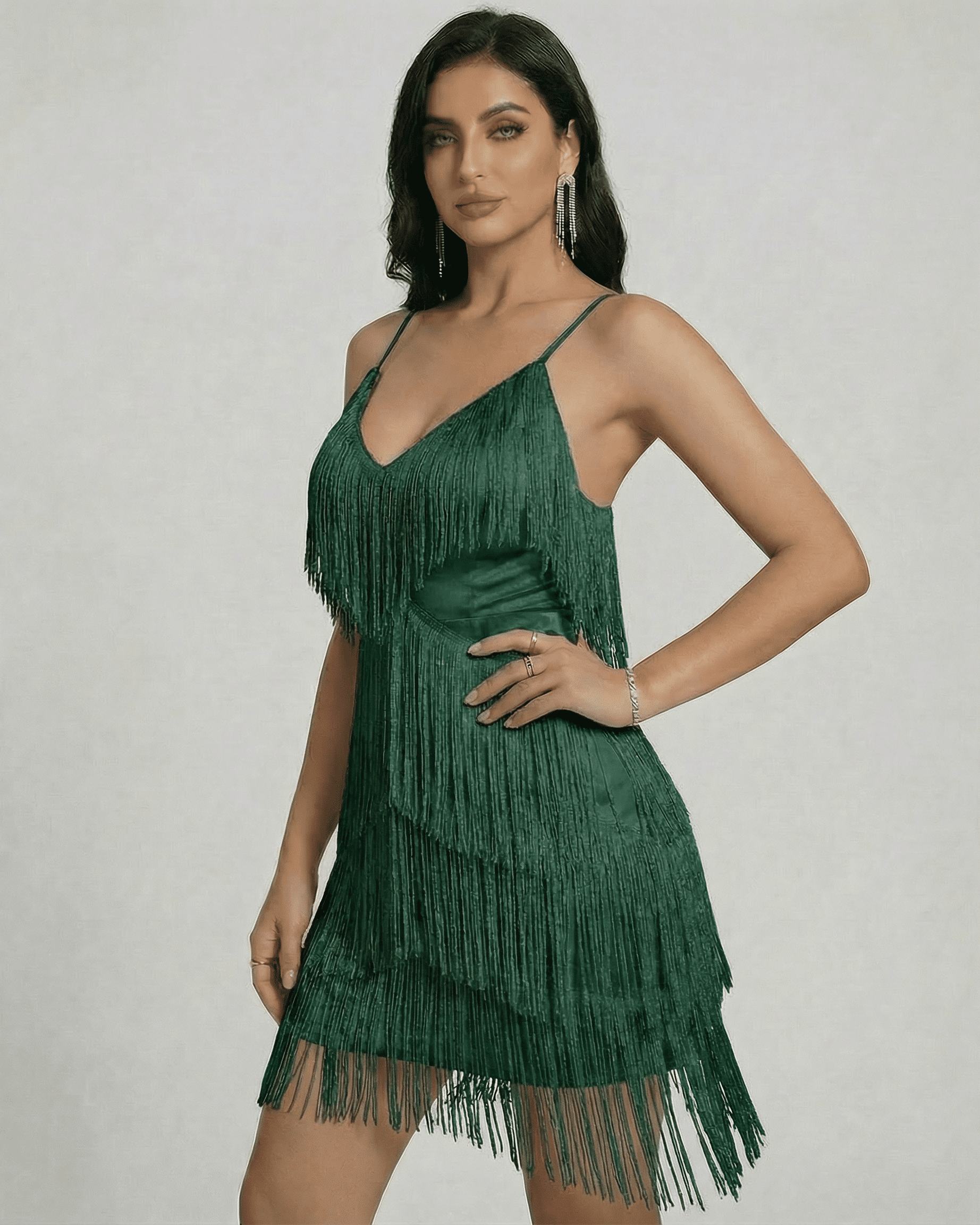 Selene Mini Dress by Lauven, featuring fringe detailing and a V-neckline in elegant emerald green.