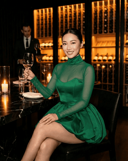Model wearing Selene Mini Green dress by Lauven, showcasing elegance at a chic dining setting.