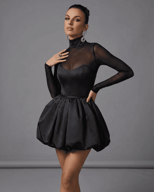 Selene Mini Dress by Lauven featuring a bubble hem and sheer mesh upper, epitomizing elegance and modern style.