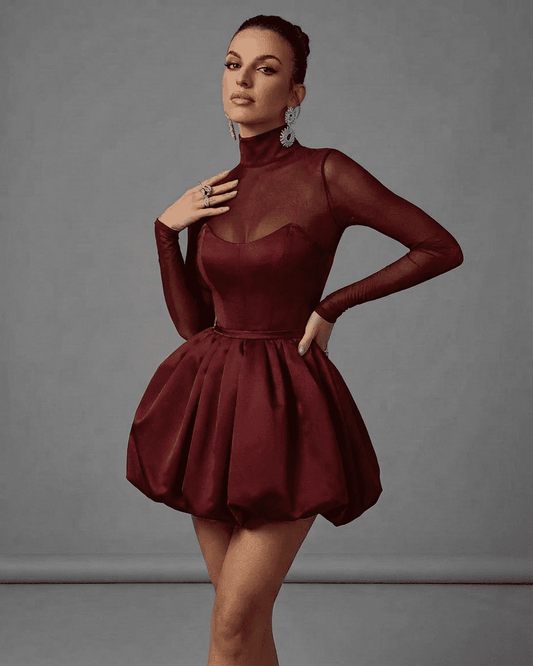 Selene Mini Red dress from Lauven featuring a mesh bubble hem and elegant silhouette.