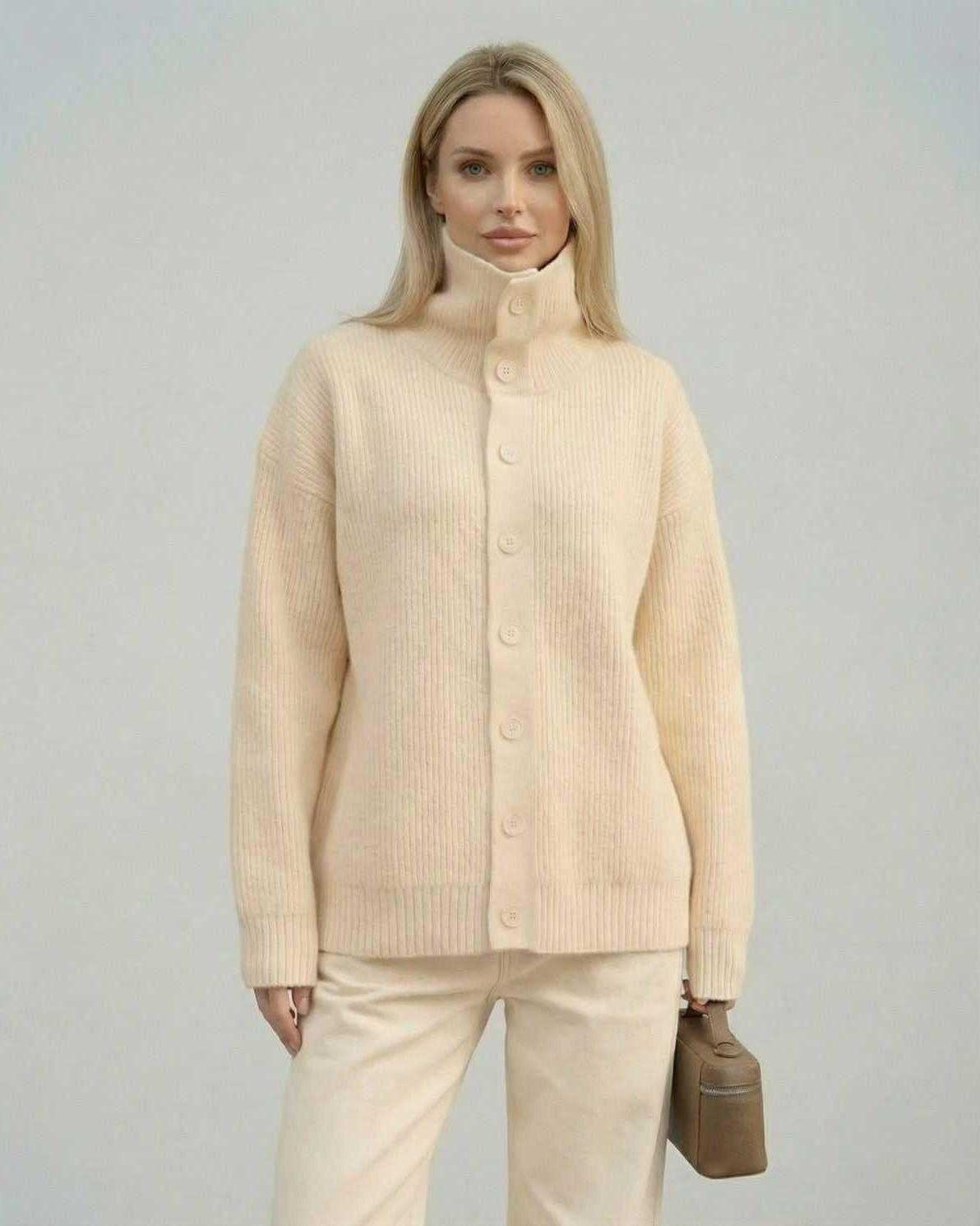 Selene Sweater Beige by Lauven - Women’s ribbed turtleneck button-up sweater in soft beige, featuring a cozy loose fit.