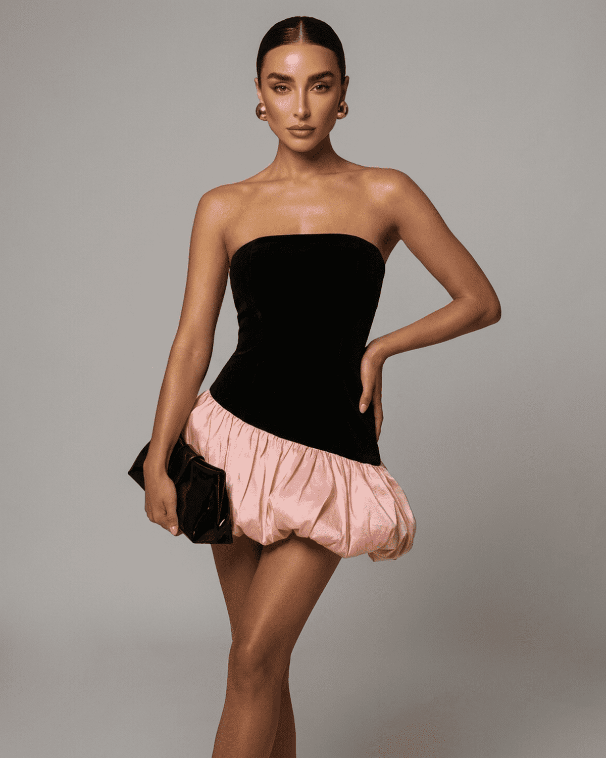 Selina Mini Dress by Lauven featuring strapless black velvet and pink puffed skirt, perfect for a stylish night out.