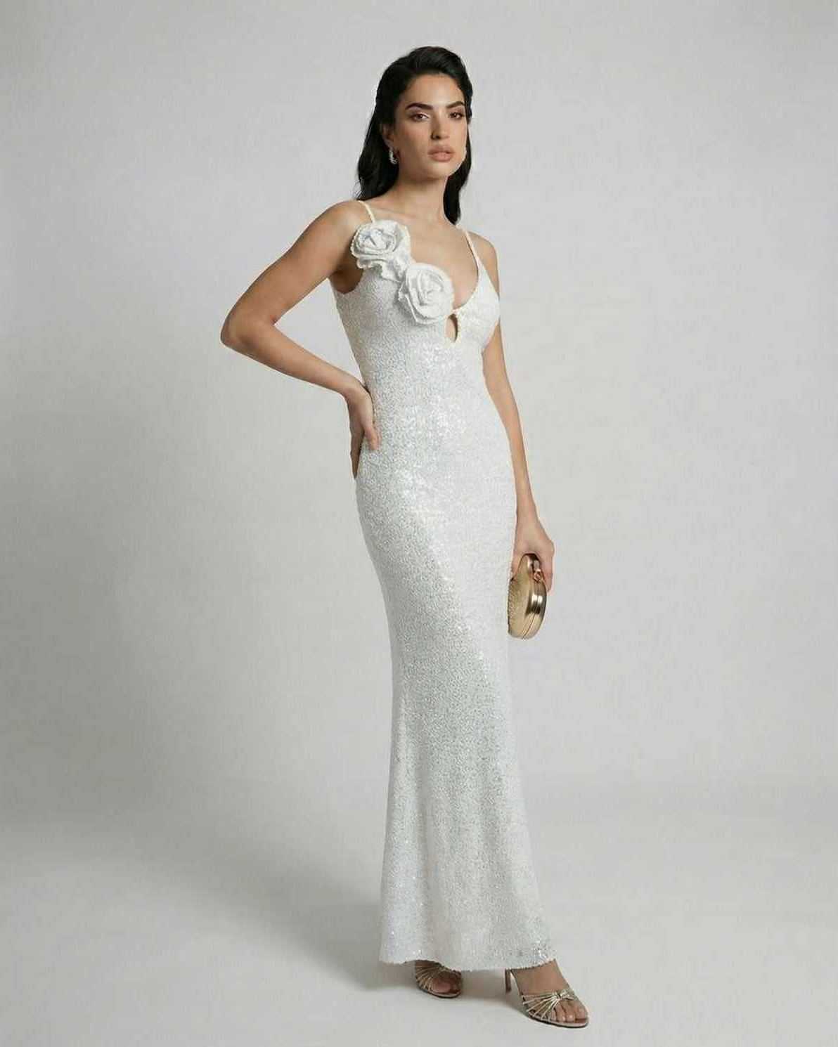 Seraphina Maxi Dress by Lauven, a white sequined ankle-length sheath dress with floral accents.