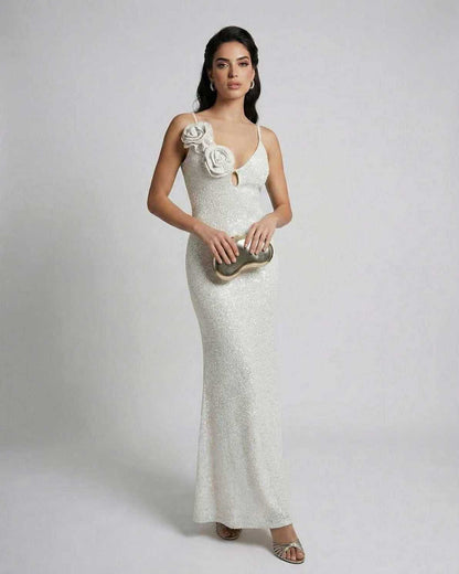 Seraphina Maxi Dress by Lauven, white sequin ankle-length sheath dress with floral accent and spaghetti straps.