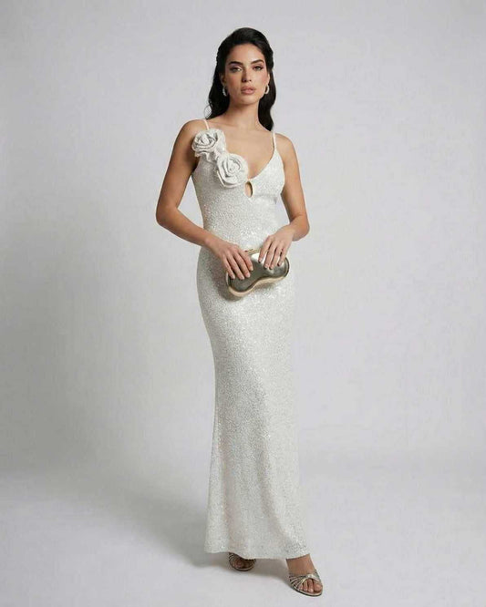 Seraphina Maxi Dress by Lauven, white sequin ankle-length sheath dress with floral accent and spaghetti straps.