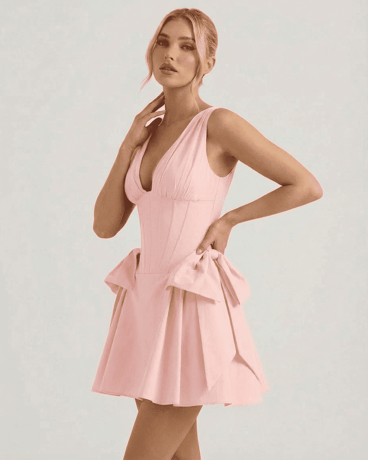 Seraphina Mini Dress by Lauven - V-Neck Corset Pouf Mini Dress in soft pink with playful volume.