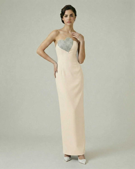 Seraphine Maxi Dress by Lauven - Strapless champagne maxi dress with embellished heart bodice, elegant and stylish.
