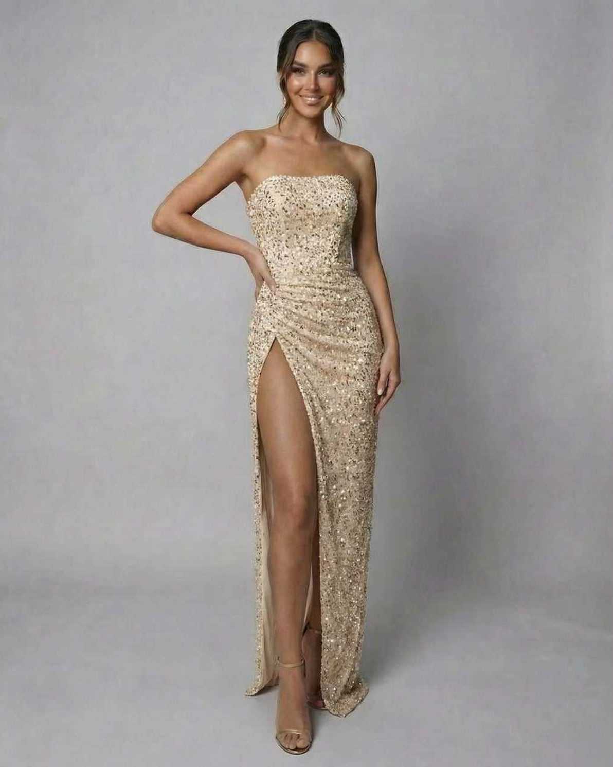 Seren Maxi Dress by Lauven - Elegant champagne sequin strapless gown with high side slit.