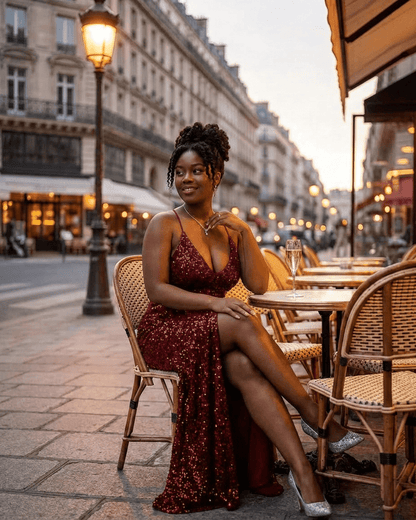 Seren Maxi Dress by Lauven, a luxurious burgundy sequin evening dress worn while sitting at a stylish outdoor café.