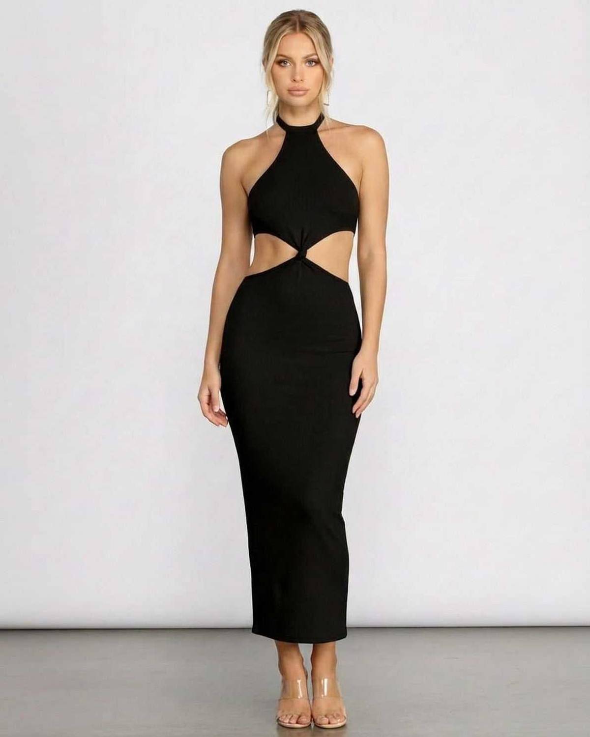 Seren Midi Dress by Lauven, halter neck cut out bodycon style, black ribbed knit, perfect for warm-weather evenings.
