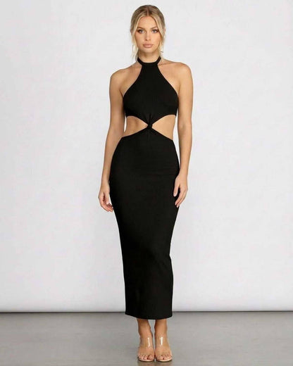 Seren Midi Dress by Lauven, halter neck cut out bodycon style, black ribbed knit, perfect for warm-weather evenings.
