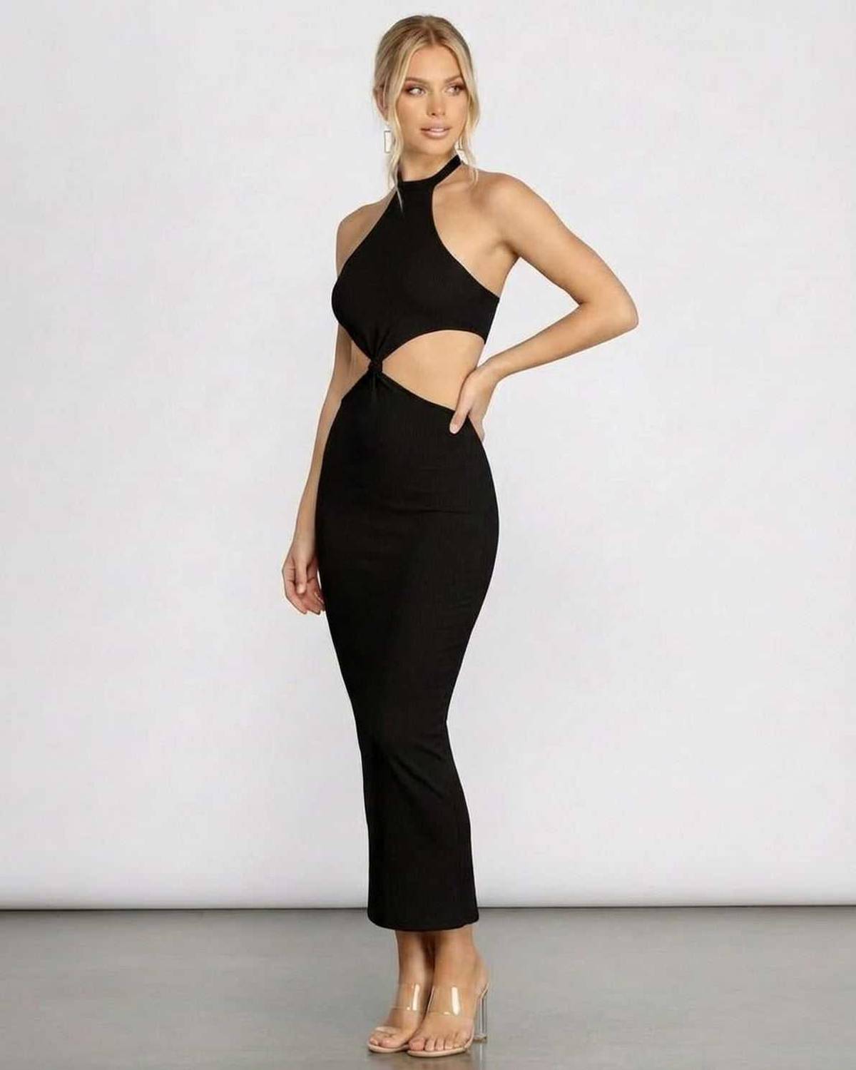 Seren Midi Dress by Lauven - Elegant black halter neck cut out bodycon midi dress for special occasions.