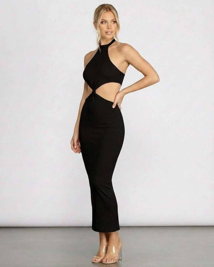 Seren Midi Dress by Lauven - Elegant black halter neck cut out bodycon midi dress for special occasions.
