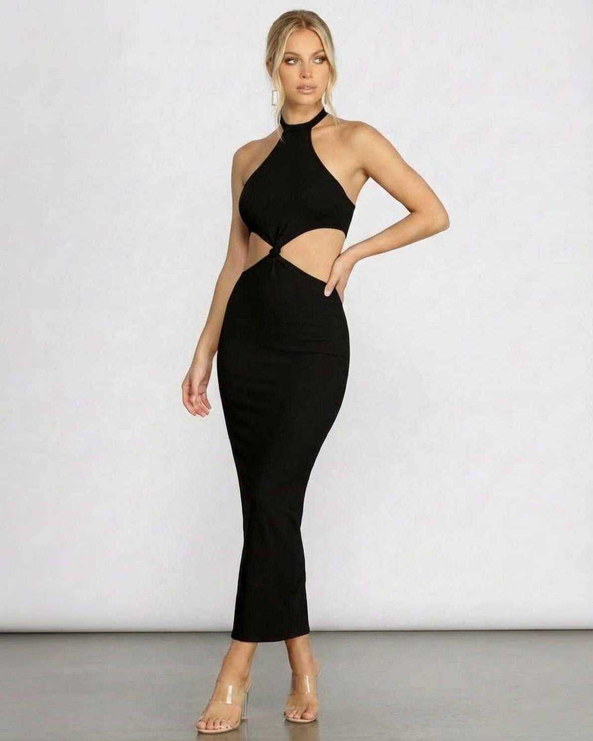 Seren Midi Dress by Lauven — Sleek black halter neck bodycon dress with cut out details.