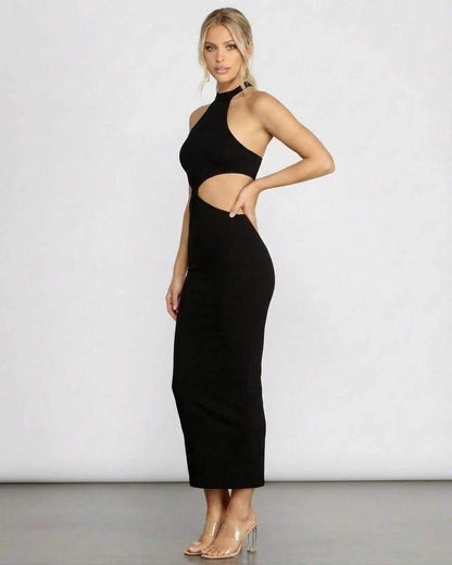 Seren Midi Dress by Lauven - Elegant black halter neck bodycon design showcasing a cut out at the waist, perfect for special occasions.