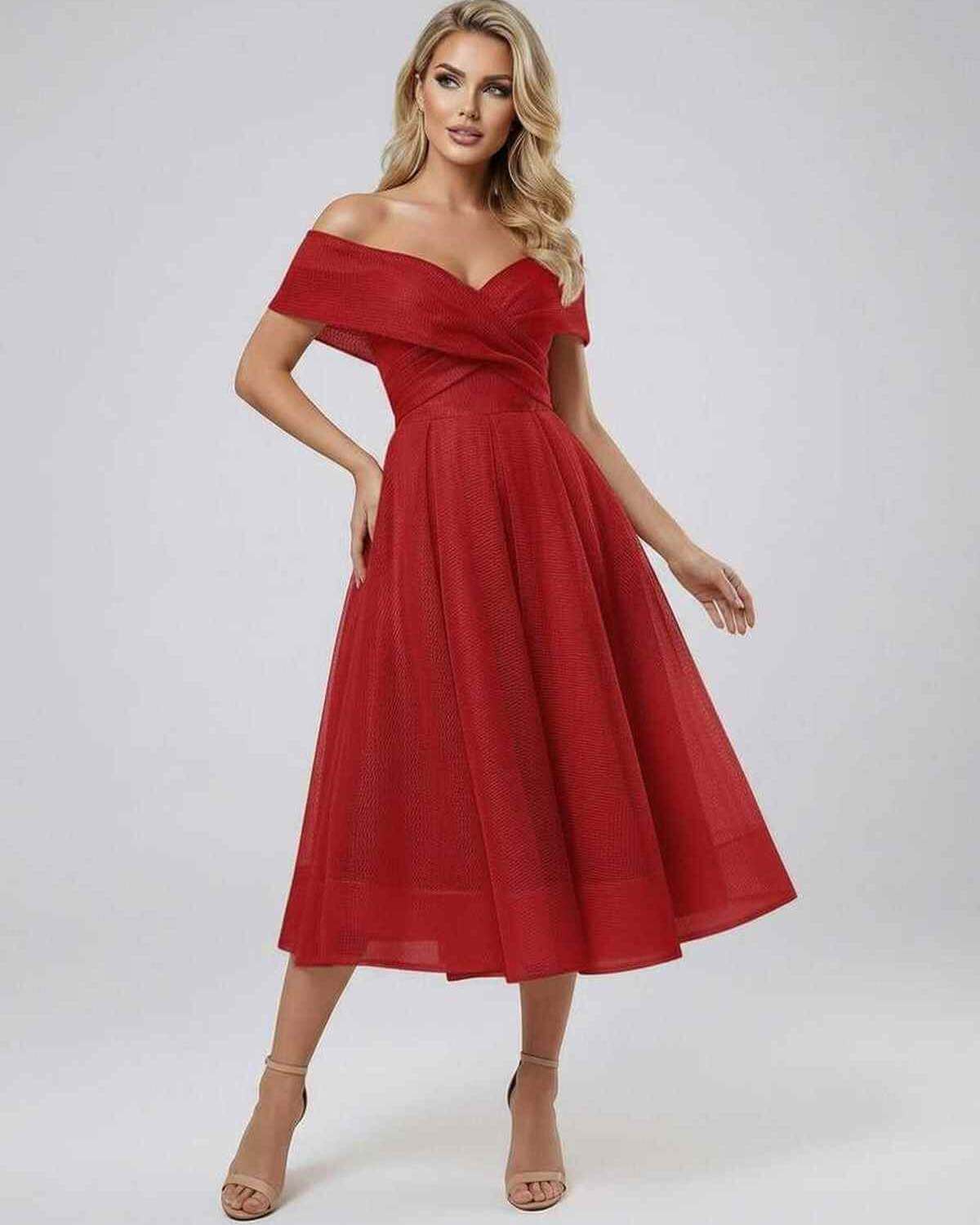Seren Midi Dress by Lauven - Elegant off shoulder red dress with flowing skirt, perfect for any special occasion.