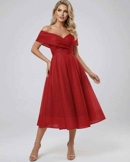 Seren Midi Dress by Lauven - Elegant off shoulder red dress with flowing skirt, perfect for any special occasion.