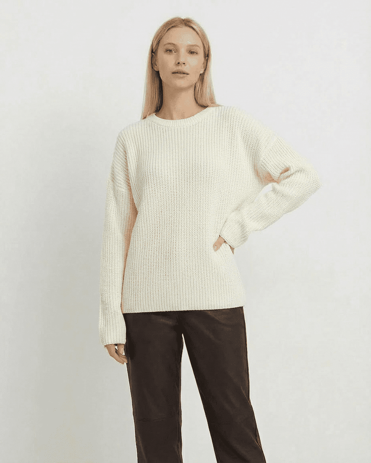 Seren Sweater by Lauven - Loose fit thick ribbed knitwear in soft ivory tone with round neck.