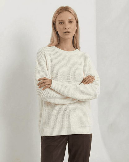 Seren Sweater by Lauven in loose fit thick ribbed knitwear, round neck, ivory color, perfect for cozy days.