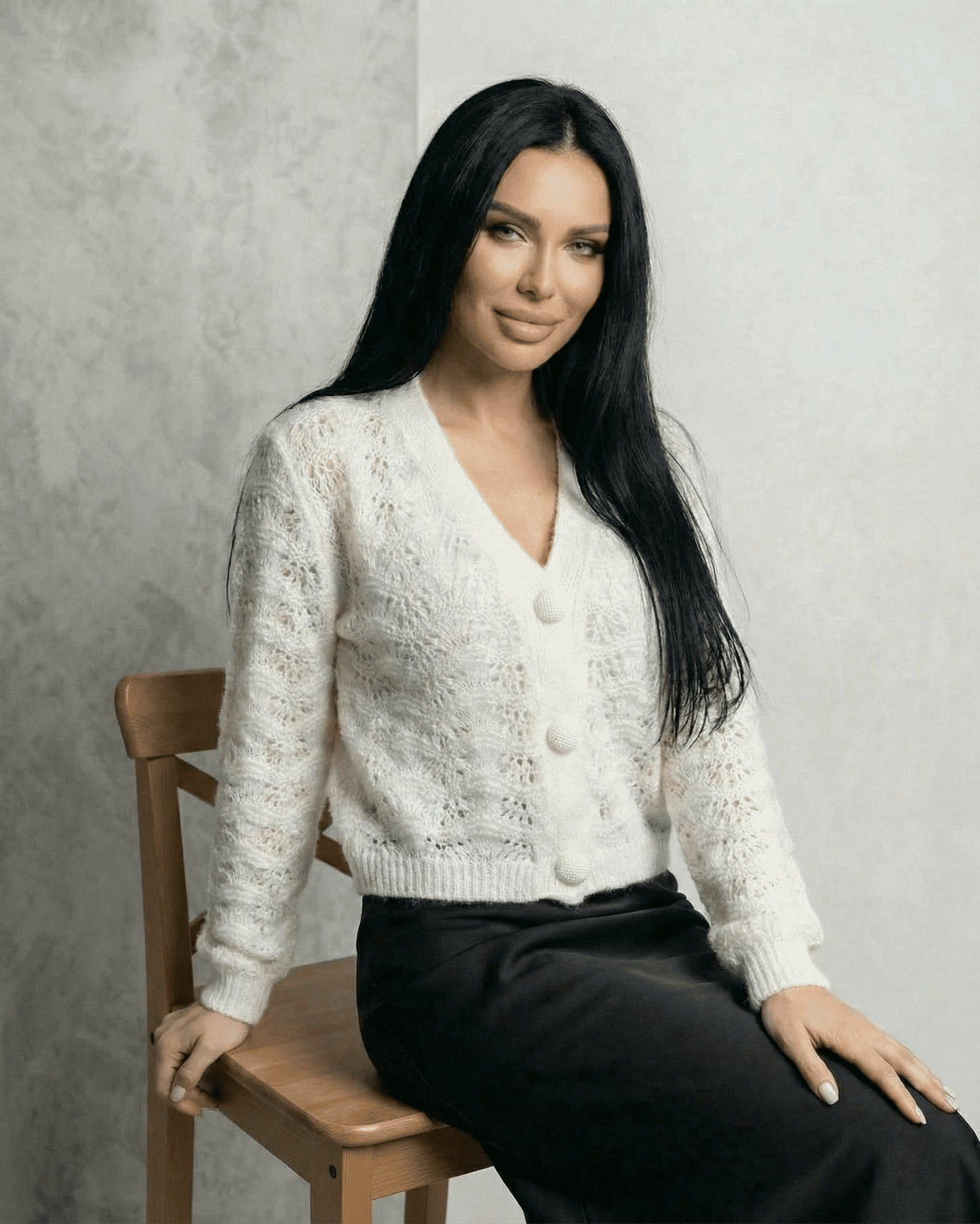 Serena Cardigan by Lauven - Elegant lace knit V-neck cardigan with button front, perfect for stylish everyday wear.