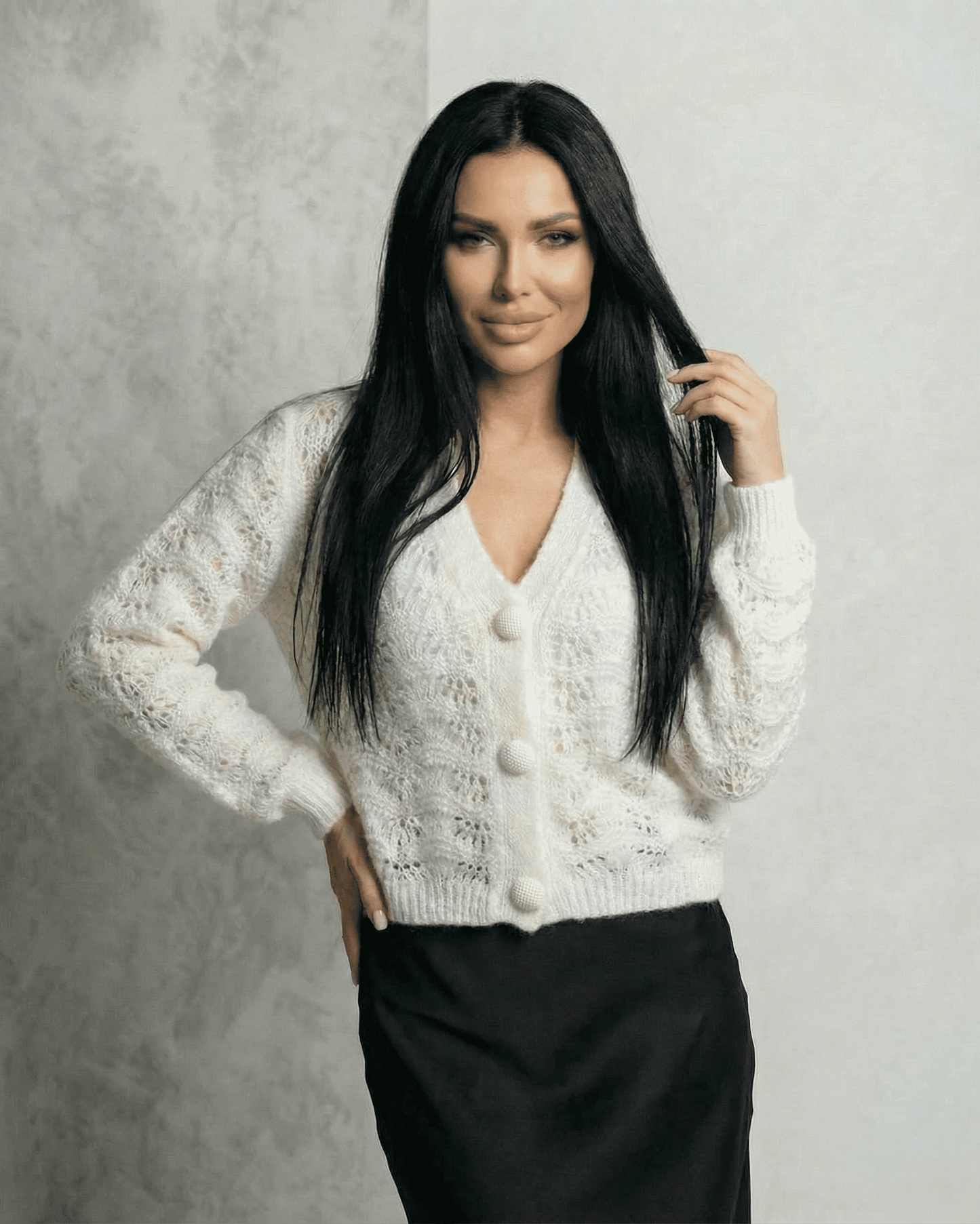 Serena Cardigan by Lauven — Lace knit V-neck button front cardigan showcasing elegance and style.