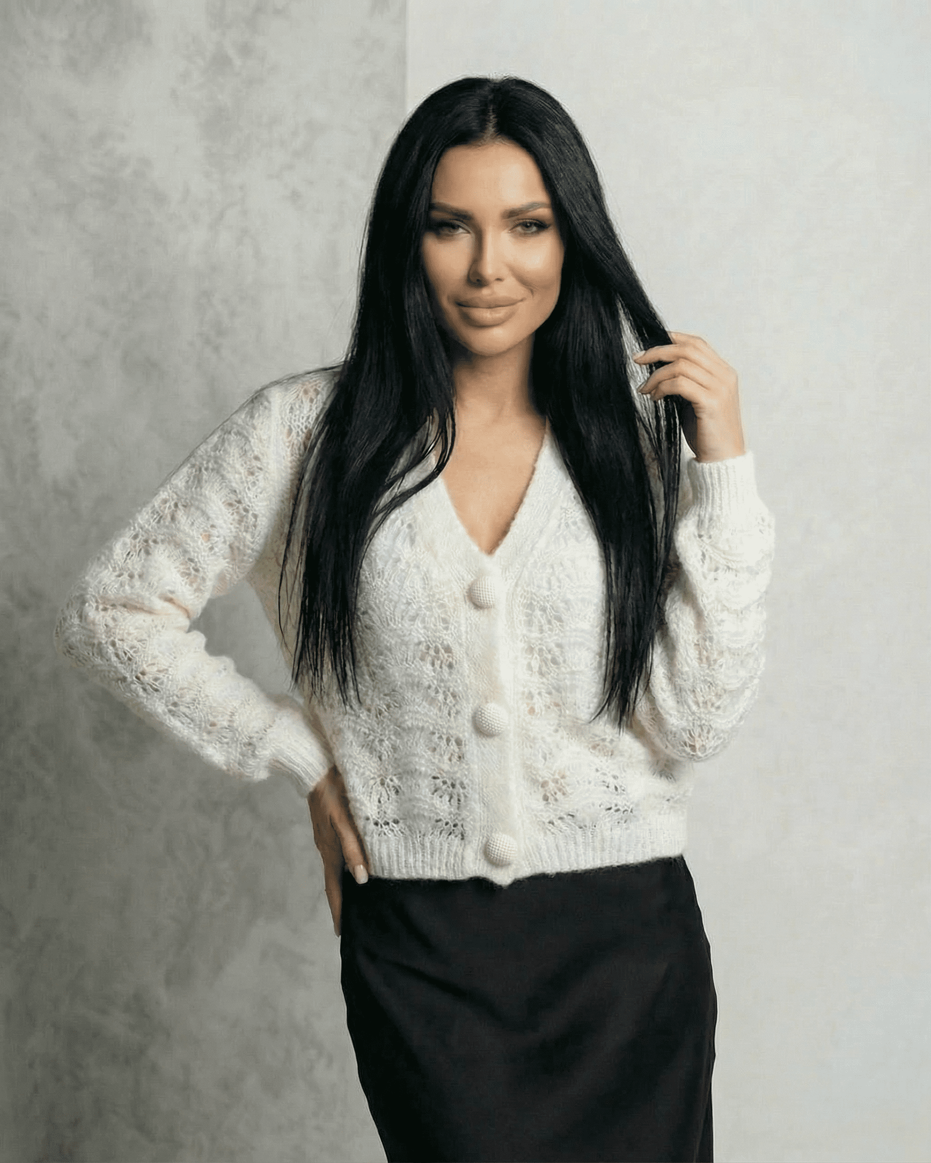 Serena Cardigan by Lauven — Lace knit V-neck button front cardigan showcasing elegance and style.