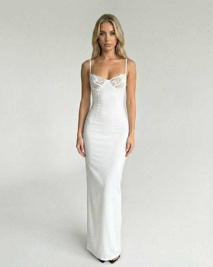 Serena Maxi Dress by Lauven featuring an elegant lace bodice in classic white.