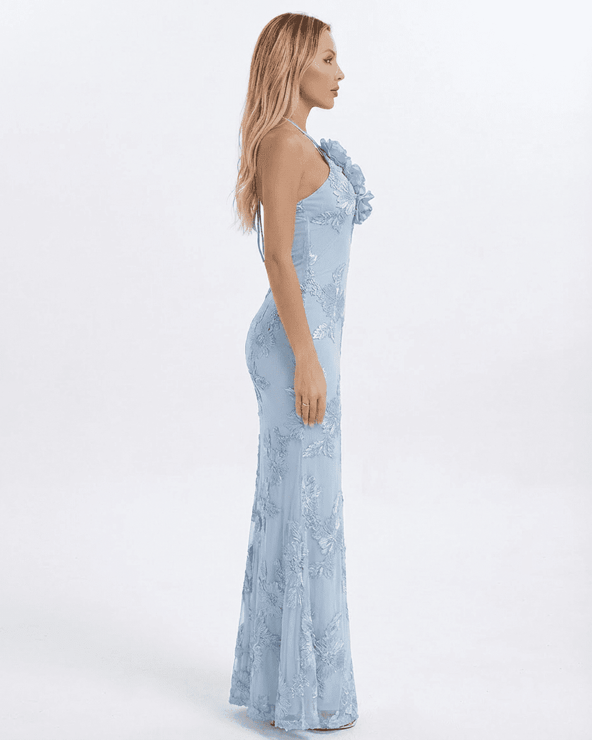 Serena Maxi Dress by Lauven, halter neck design in light blue with 3D floral and foil print details.
