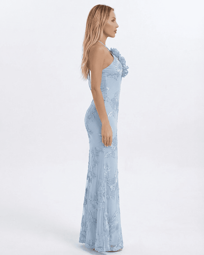 Serena Maxi Dress by Lauven, halter neck design in light blue with 3D floral and foil print details.