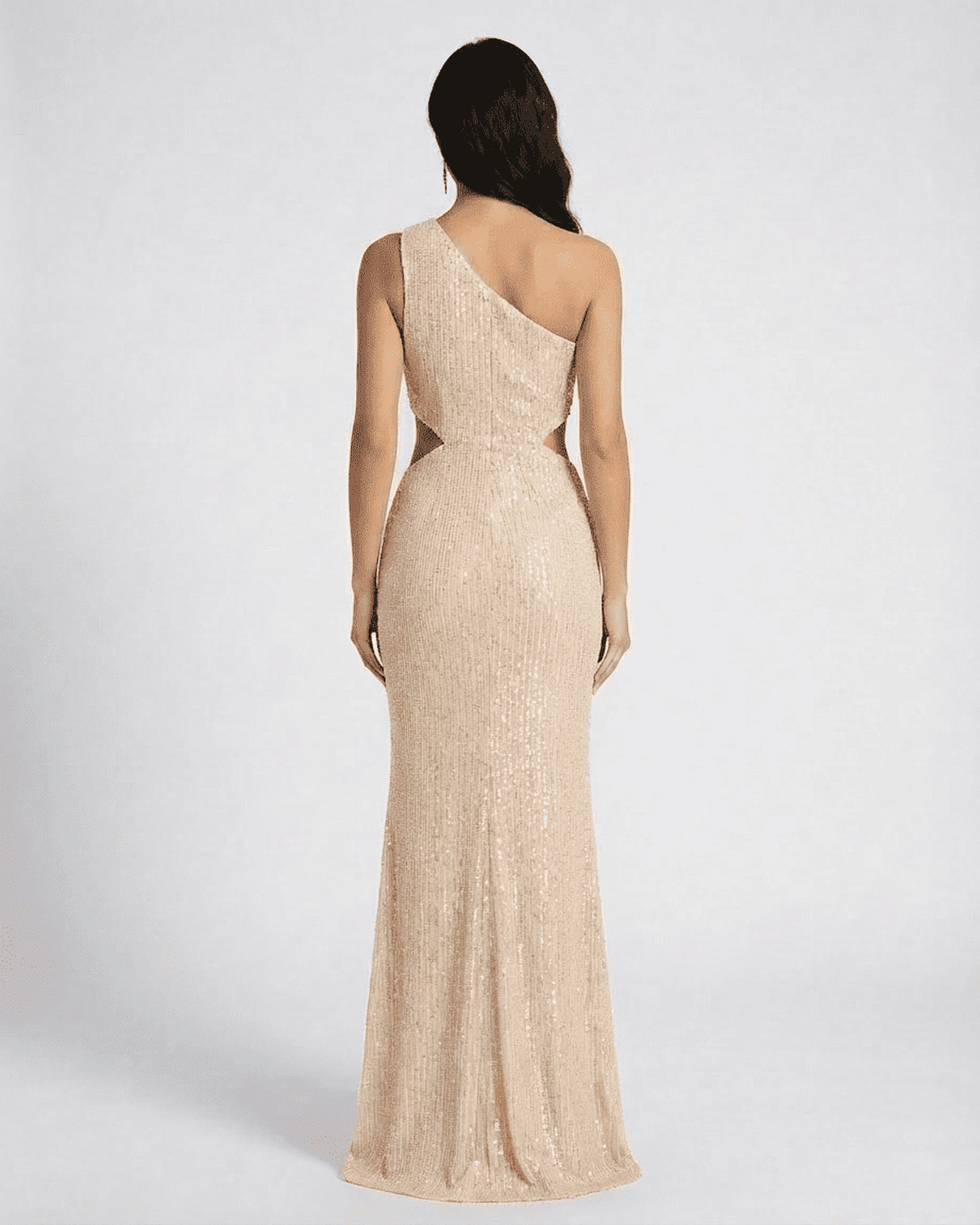 Serena Maxi Dress by Lauven, showcasing a stunning one-shoulder design and sequin fabric from the back.