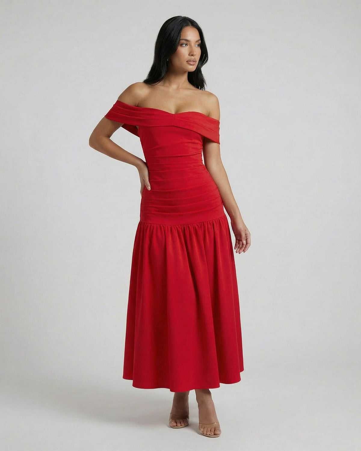 Serena Midi Dress by Lauven, elegant off-shoulder red dress designed for modern women, perfect for spring and summer.