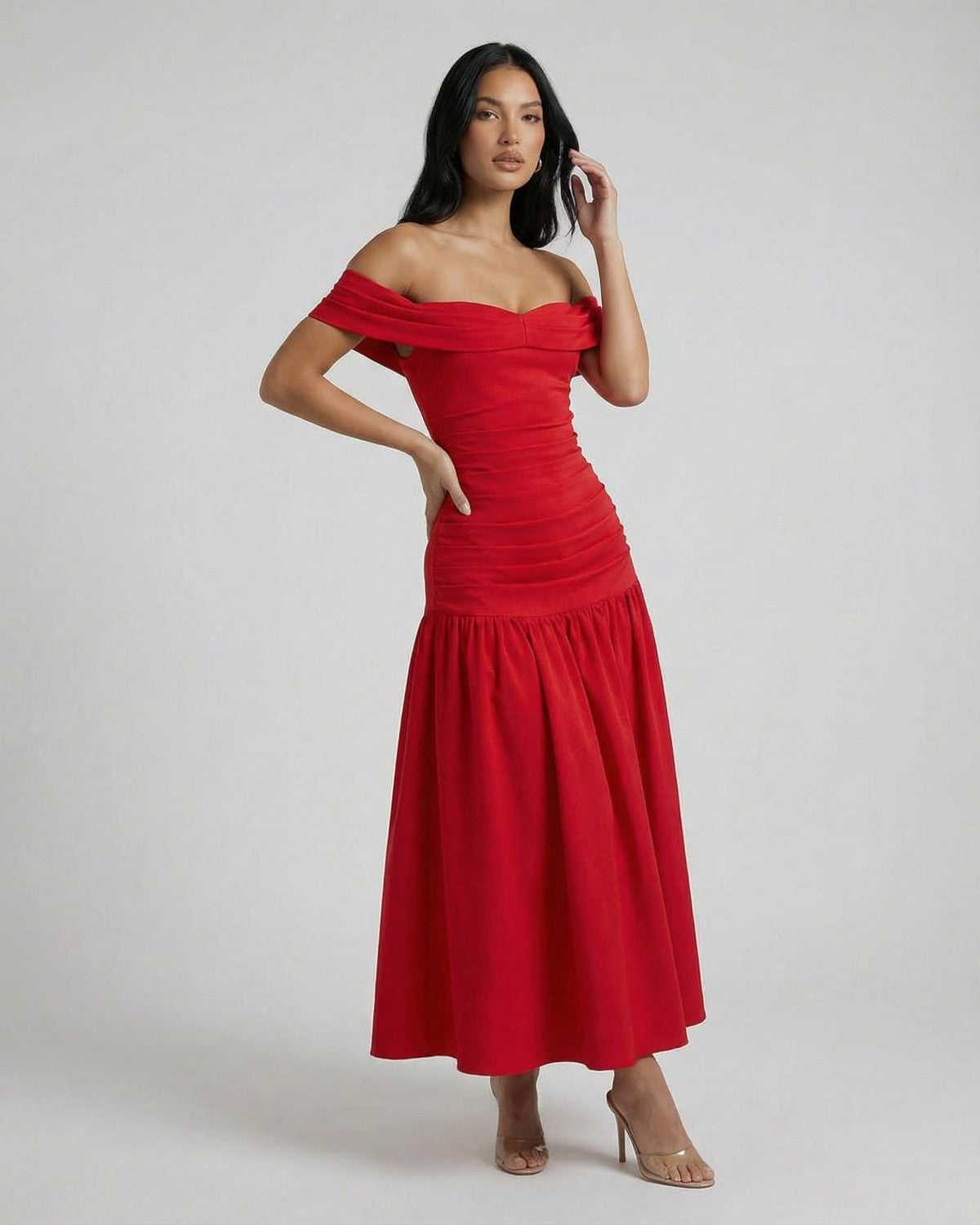 Serena Midi Dress by Lauven - Elegant off-shoulder red dress featuring A-line silhouette