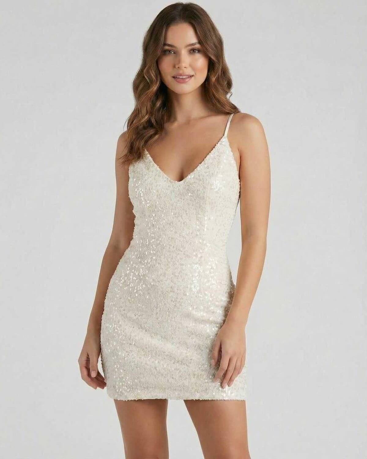 Serena Mini Dress by Lauven, showcasing champagne sequins and a sleek v-neckline, perfect for elegant occasions.