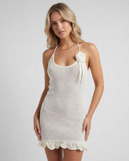 Serena Mini Dress by Lauven - Cream halter neck dress with pleated texture and ruffle hem.