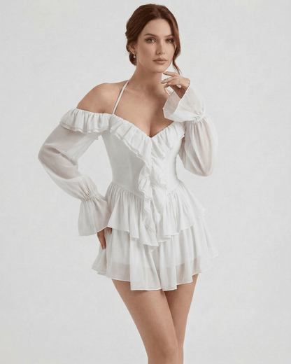 Serena Mini Dress by Lauven – White Ruffle Halter Mini Dress with Sheer Sleeves and Feminine Elegance