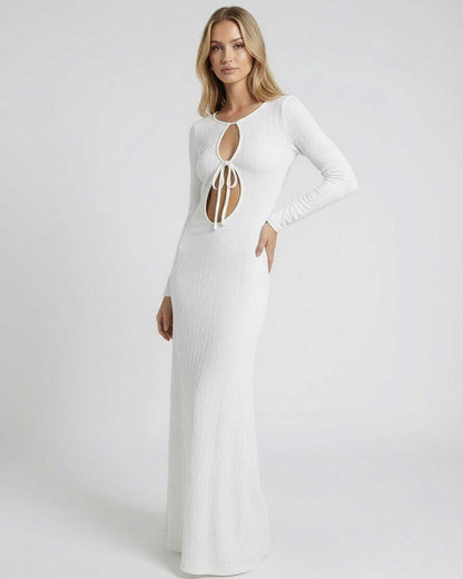 Serene Maxi Dress by Lauven in textured white cotton-polyester blend with elegant hollow-out details.