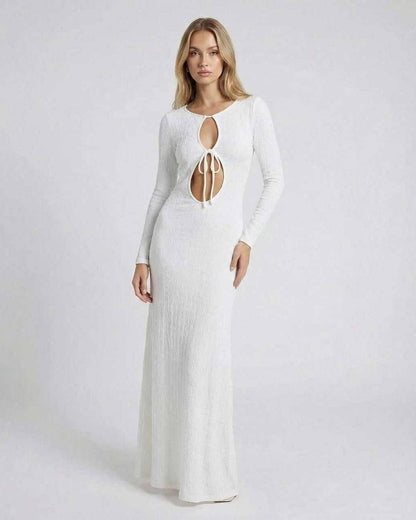 Serene Maxi Dress by Lauven in textured white cotton-polyester blend with elegant hollow-out details.